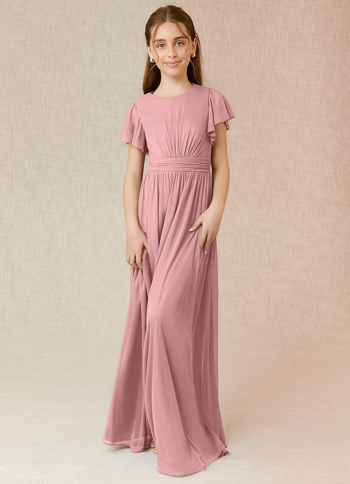 Azazie Mosley Junior Vestido de Rosa Polvorienta de Malla de Corte En A con Volante image1