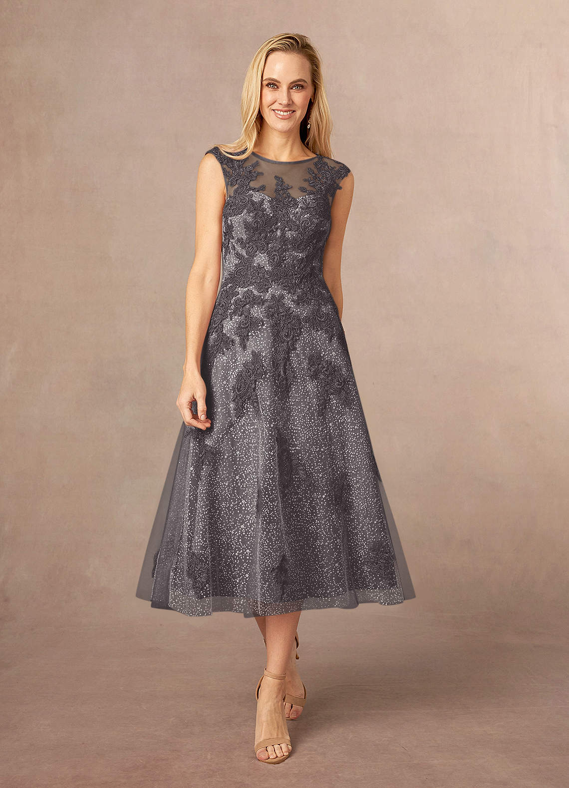 Azazie Flynn Mother of the Bride Dresses Steel Grey A-Line Boatneck Lace Tulle Dress image1