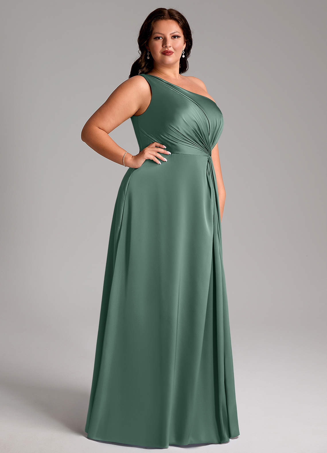 Azazie Brooke Bridesmaid Dresses Eucalyptus A-Line One Shoulder Stretch Satin Dress image9