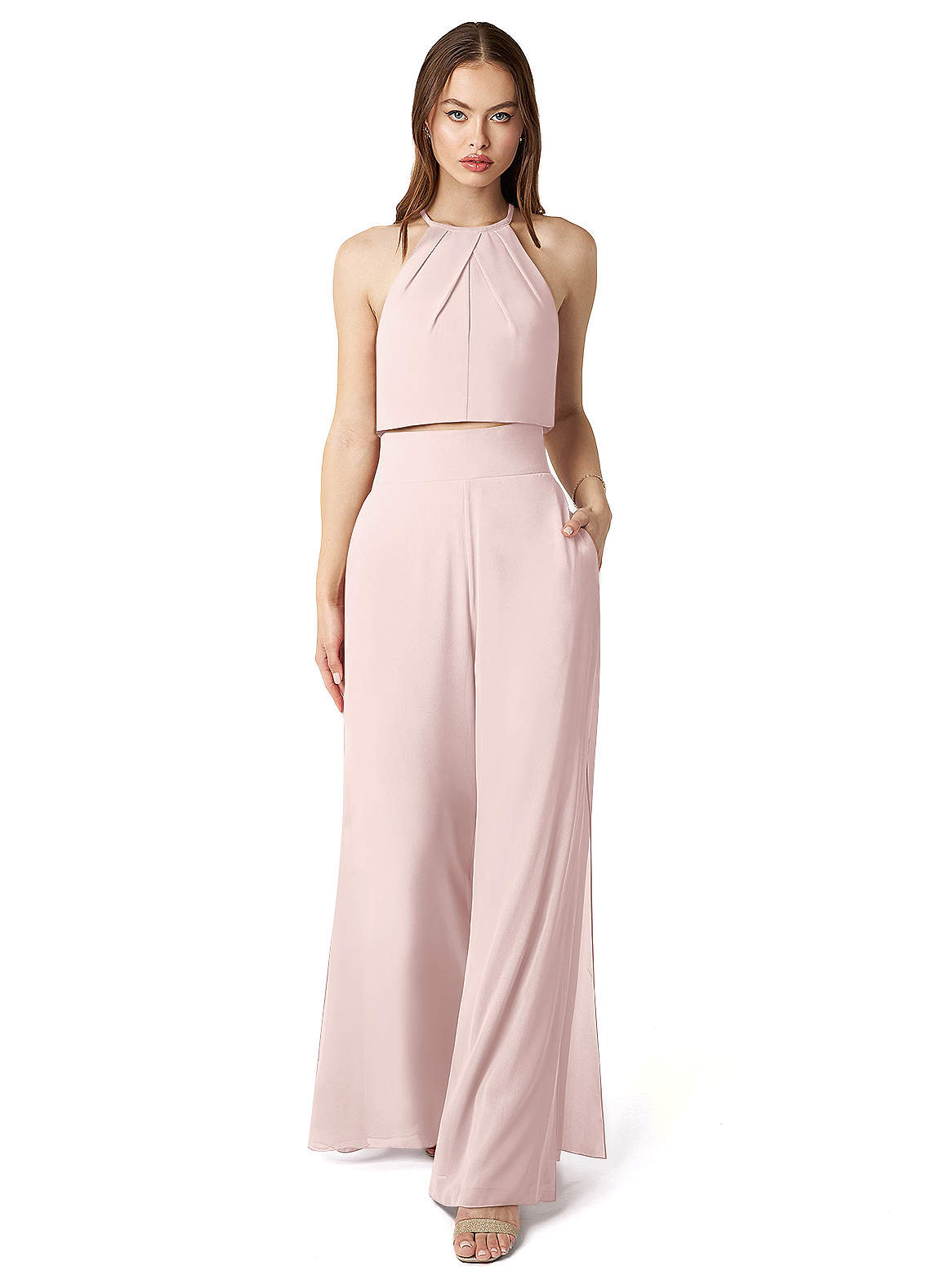 Azazie Kenzi Bridesmaid Dresses Blushing Pink Pleated Chiffon Jumpsuit image1