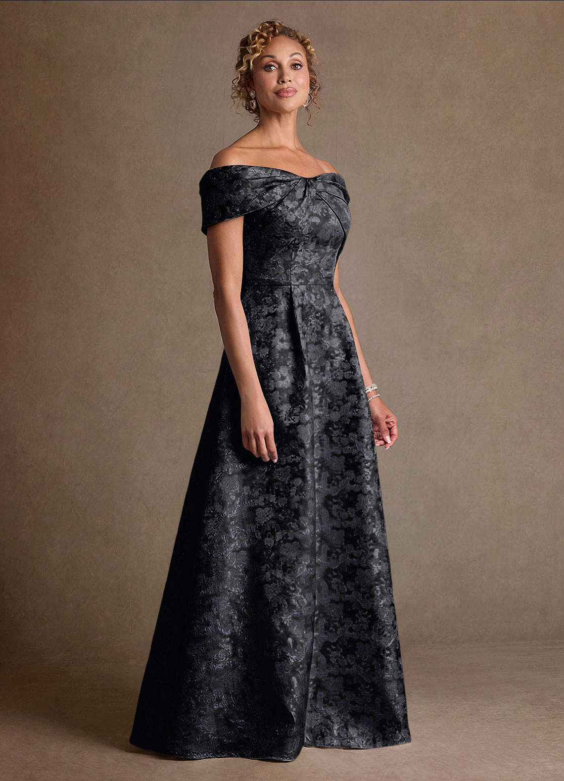 Azazie Harriett At-home Try On Dresses Black A-Line Off the Shoulder Floral Jacquard Dress image1