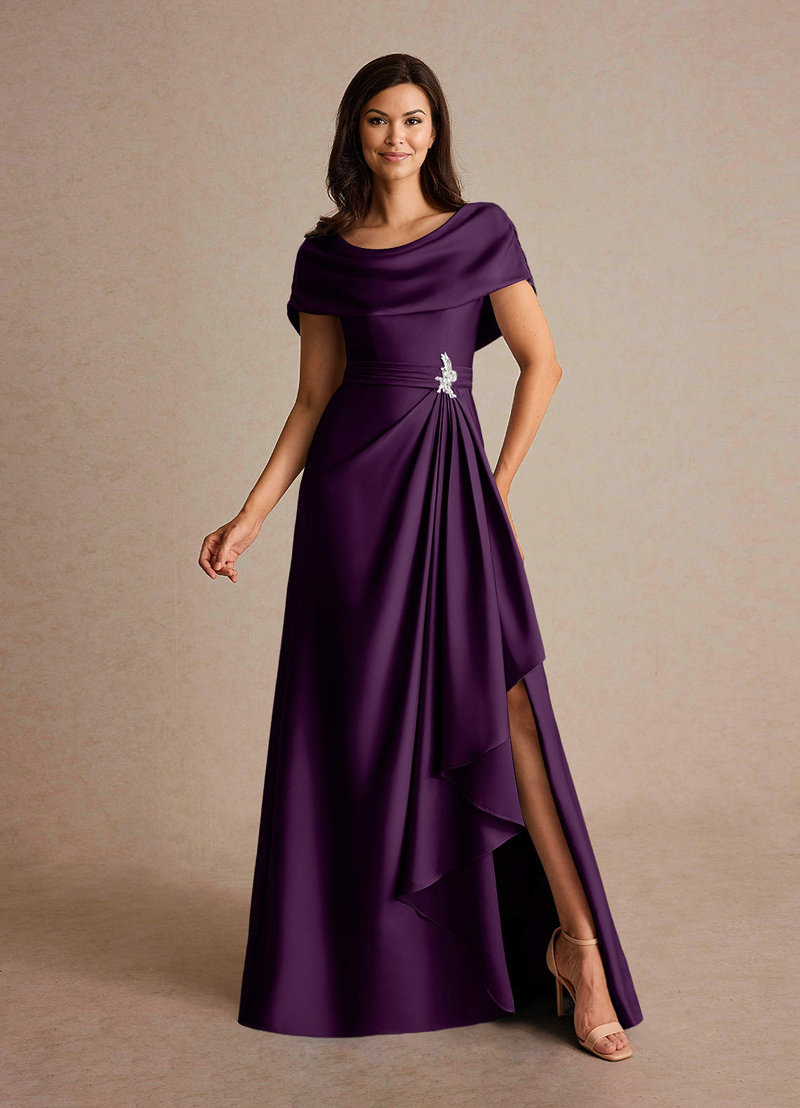 Azazie Branford Mother of the Bride Dresses Grape A-Line Pleated Stretch Satin Dress image1