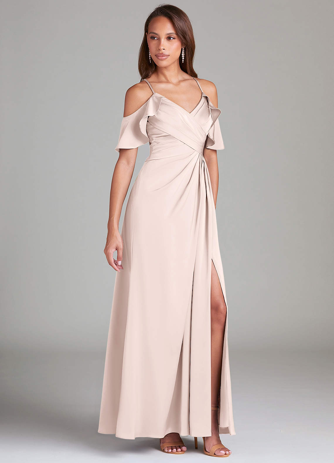 Azazie Dakota Bridesmaid Dresses Blushing Pink A-Line Off the Shoulder Stretch Satin Dress image1