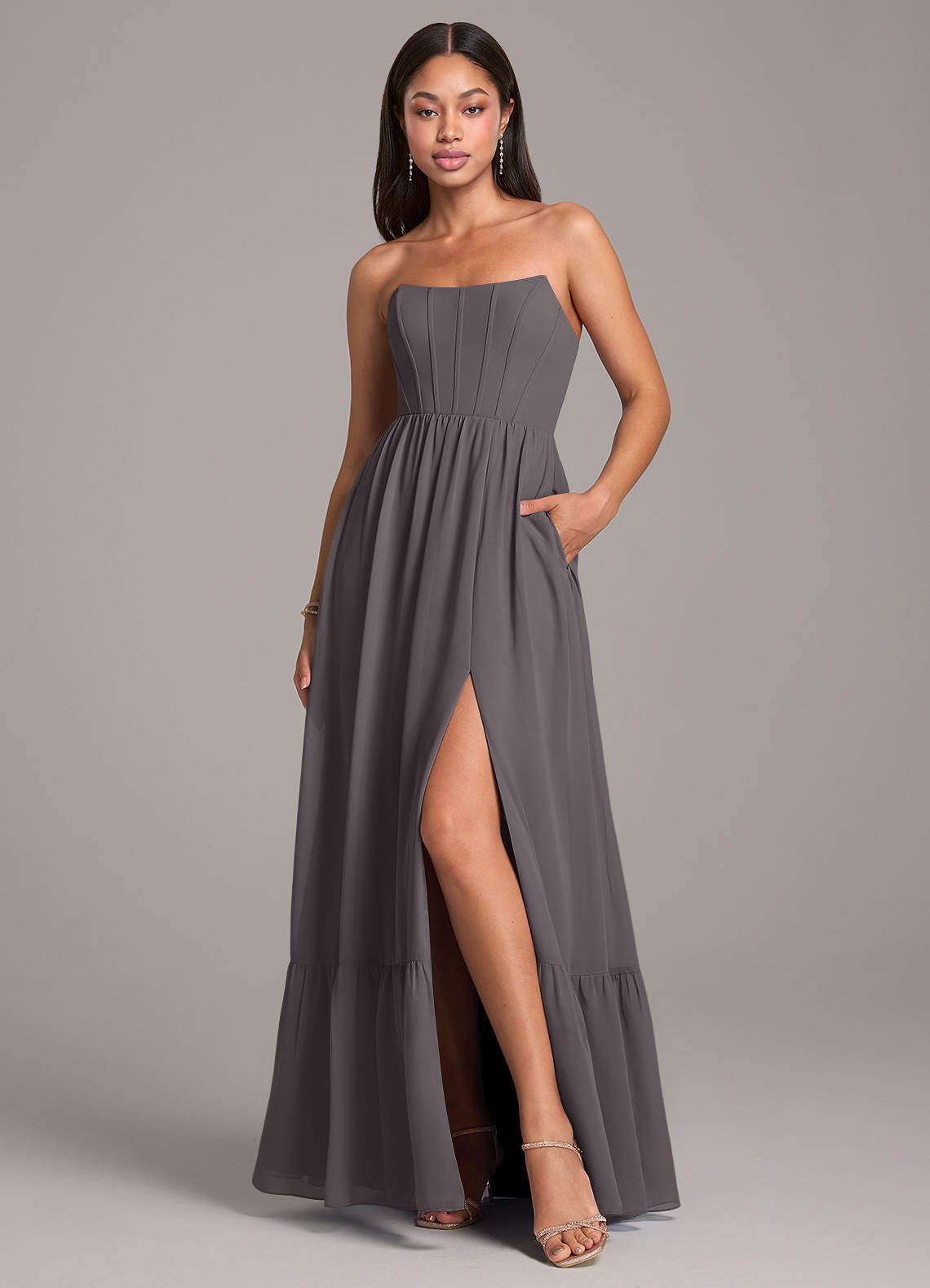 Azazie Kailee Bridesmaid Dresses Steel Grey A-Line with Pockets Chiffon Dress image1
