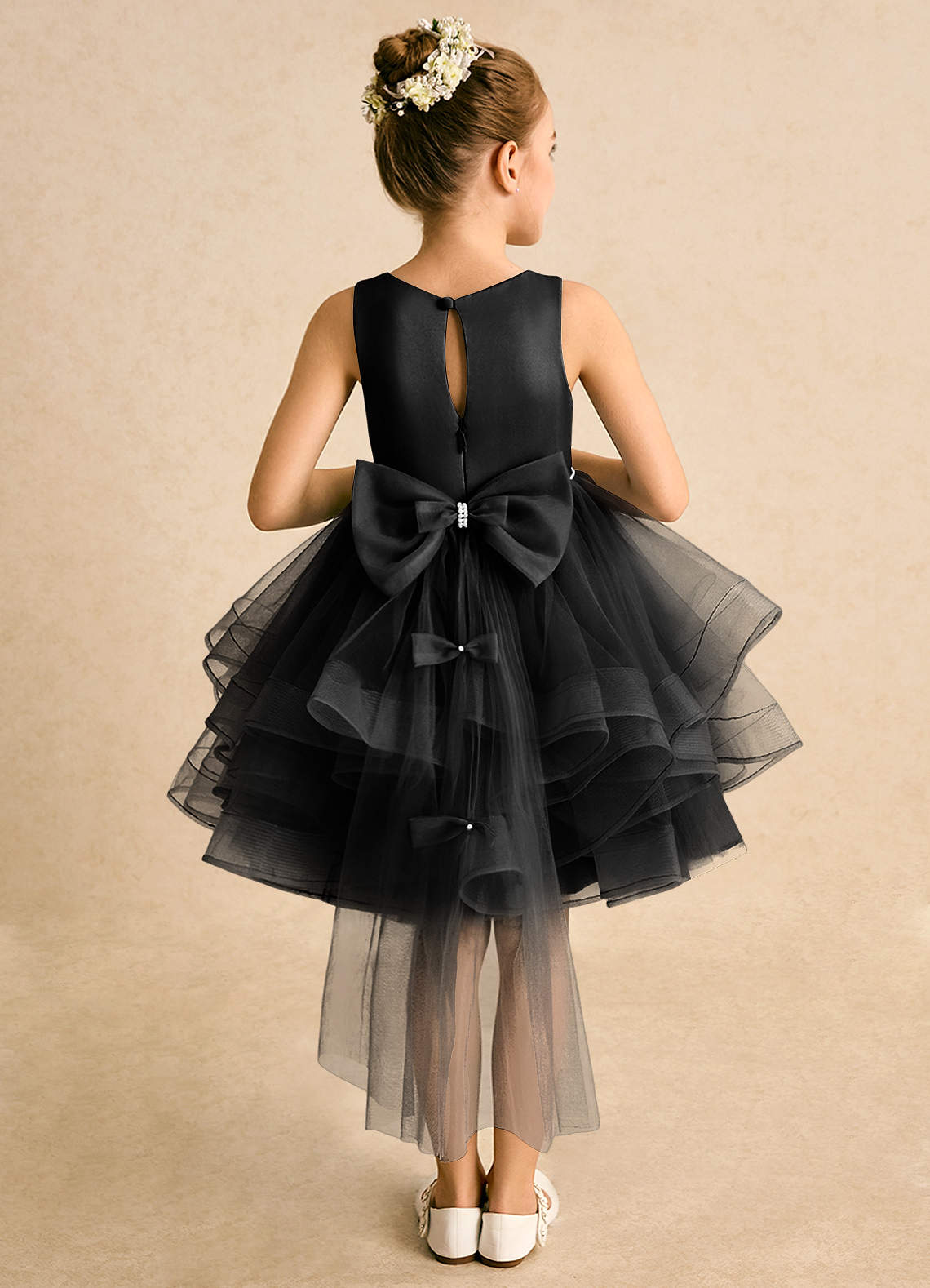 Azazie Tinie Blumenmädchenkleider Ballkleid Schleifen Tüll Kleid Schwarz image1