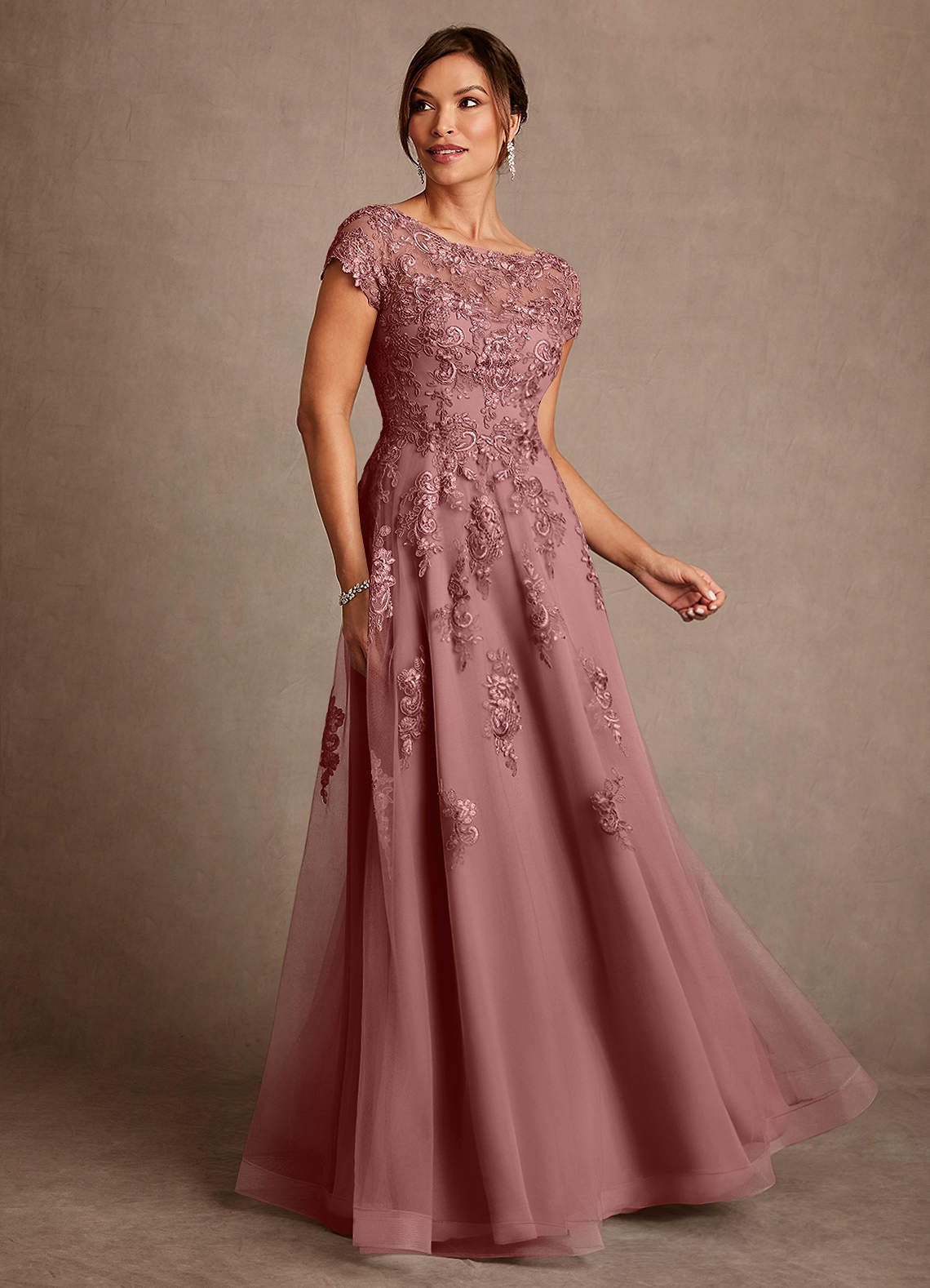 Azazie Jalinda vestidos de madre de la novia Vestido de Rosa Del Desierto de Gasa de Corte en A con Encaje image1