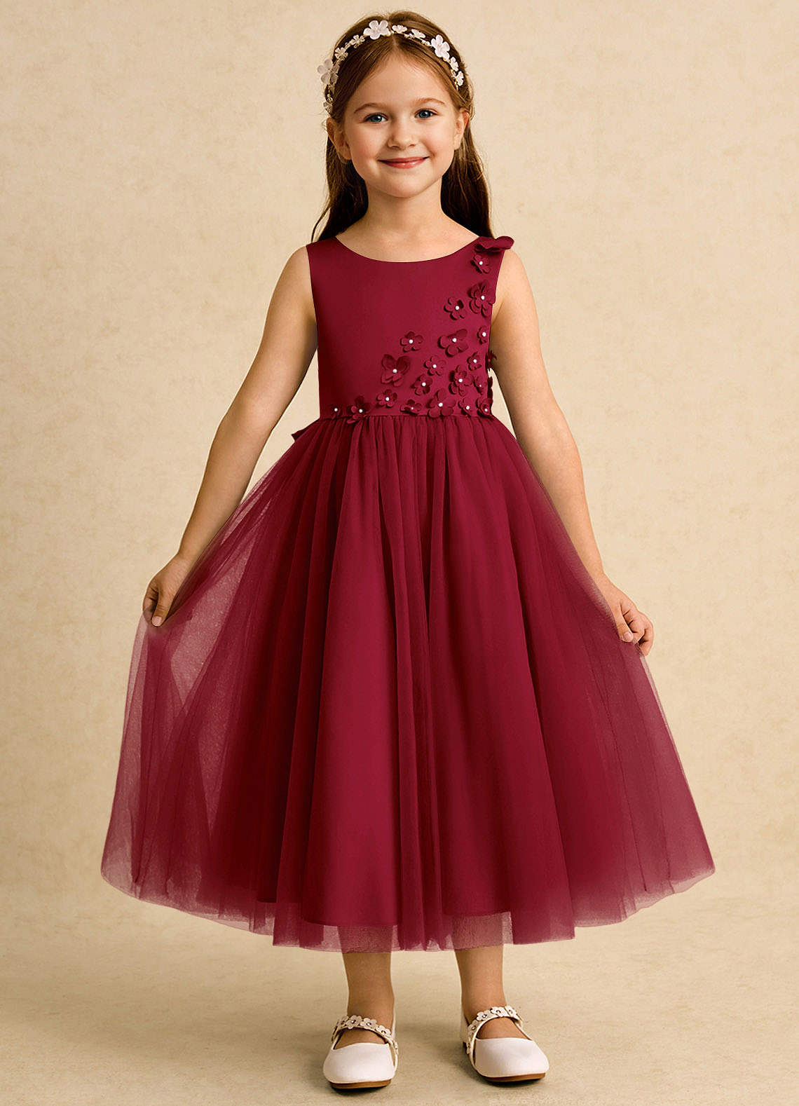 Azazie Malva vestidos de niña de las flores Vestido de Borgoña de Tul de Princesa con Lazo image1