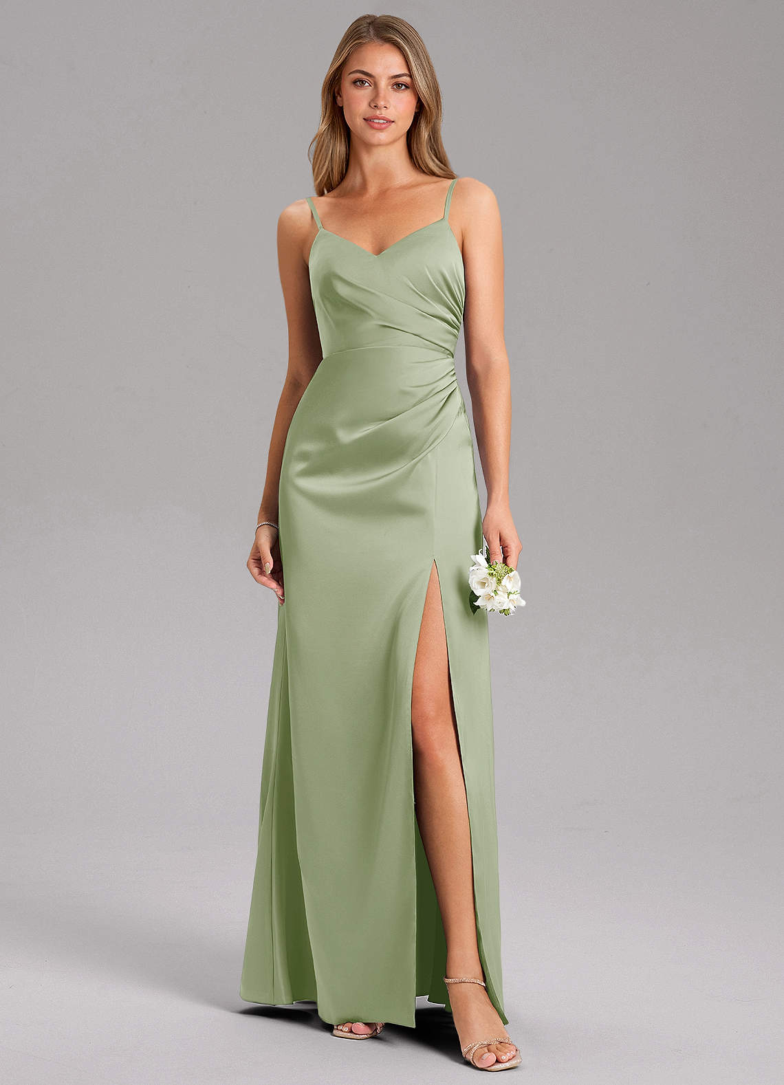 Azazie Azuree At-home Try On Dresses Dusty Sage A-Line Pleated Stretch Satin Dress image1