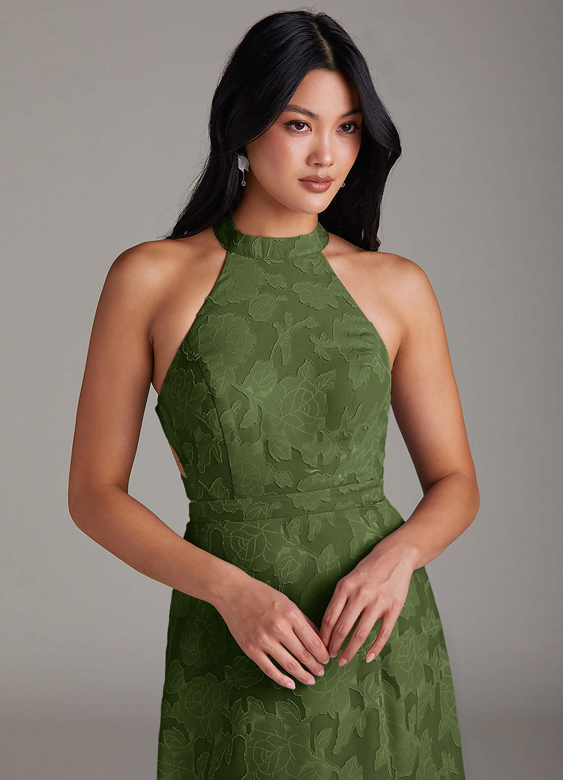 Azazie Clarice Bridesmaid Dresses Olive A-Line Side Slit Floral Burnout Dress image4