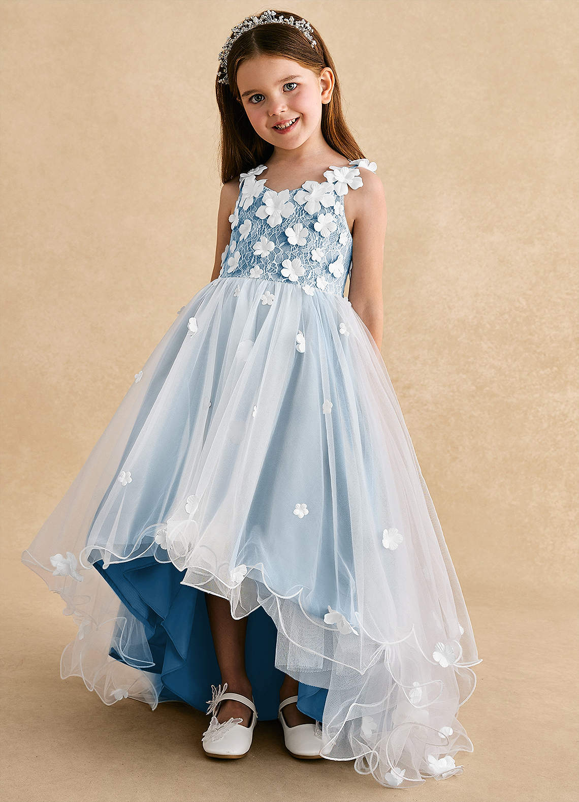Azazie Celia Steel Blue A-Line Lace Tulle Dress | Azazie