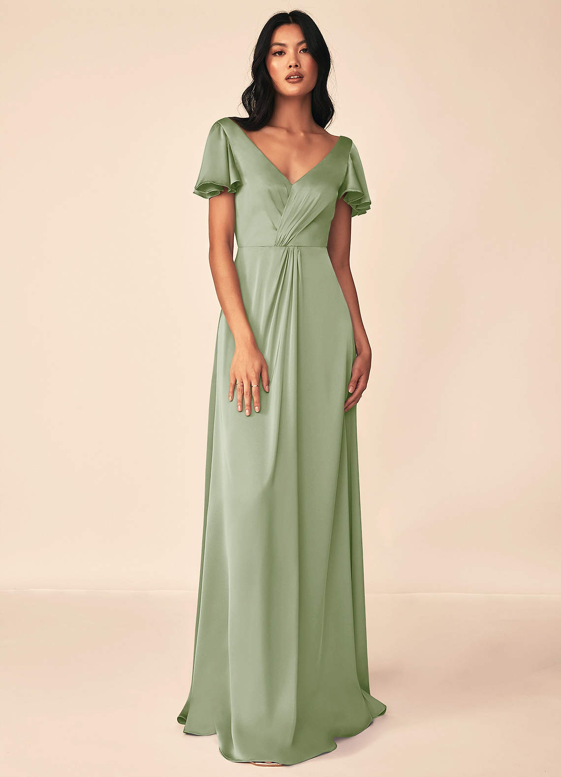 Azazie Soren Bridesmaid Dresses Dusty Sage A-Line Pleated Stretch Satin Dress image1