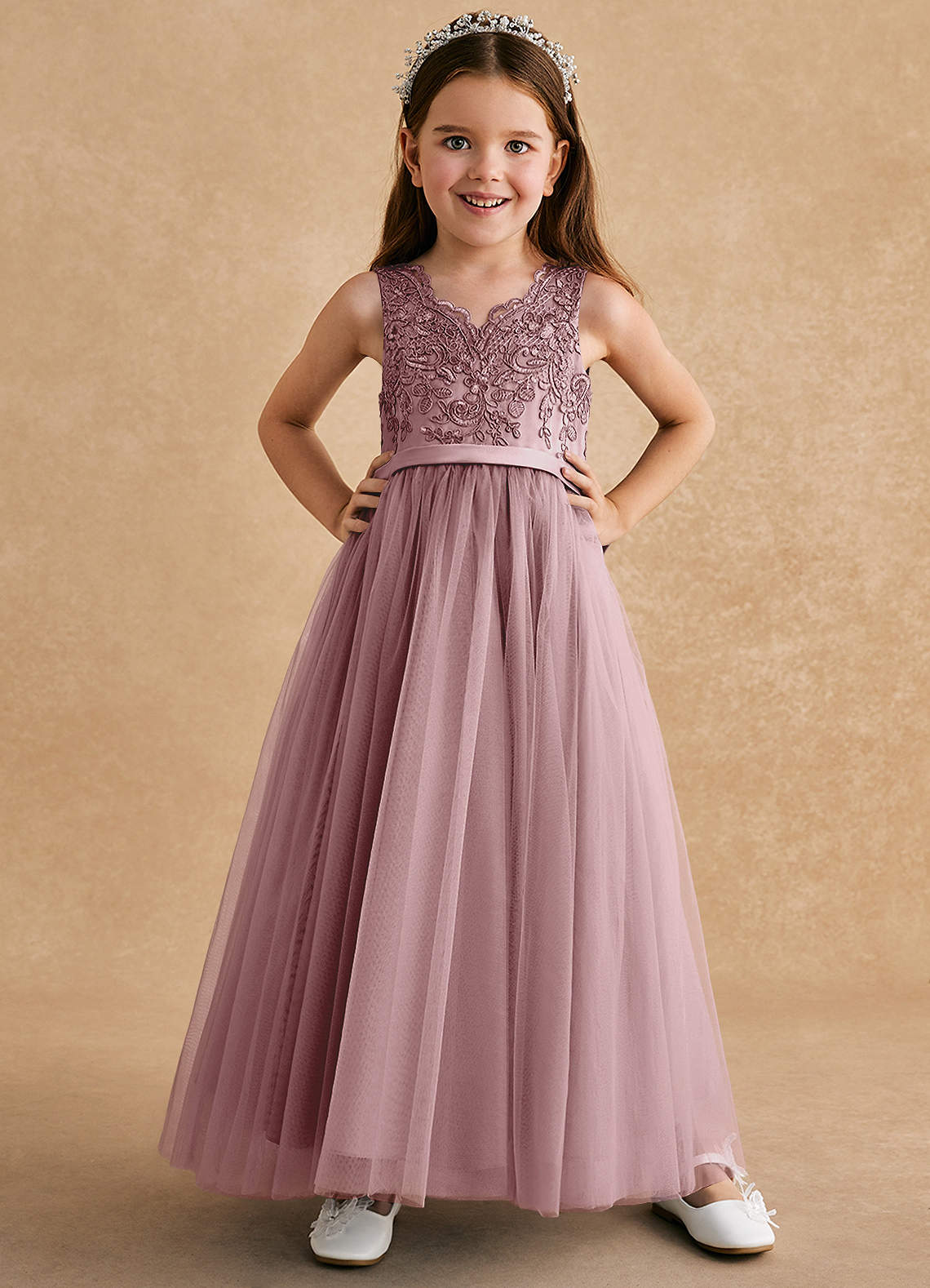Azazie Cinna Flower Girl Dresses Dusty Rose A-Line Lace Tulle Dress image1