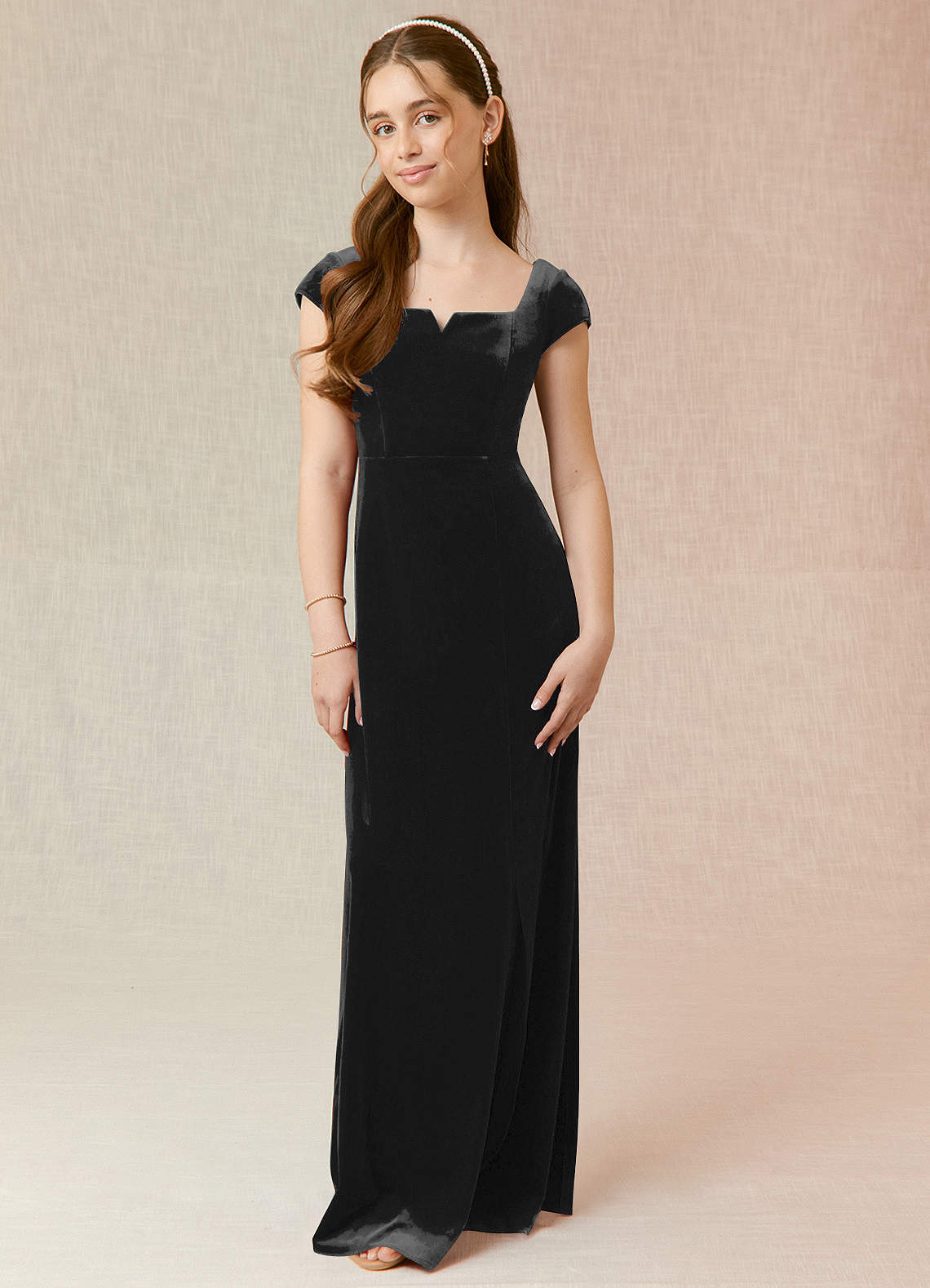 Azazie Gabi A-Line velvet Floor-Length Junior Bridesmaid Dress image1