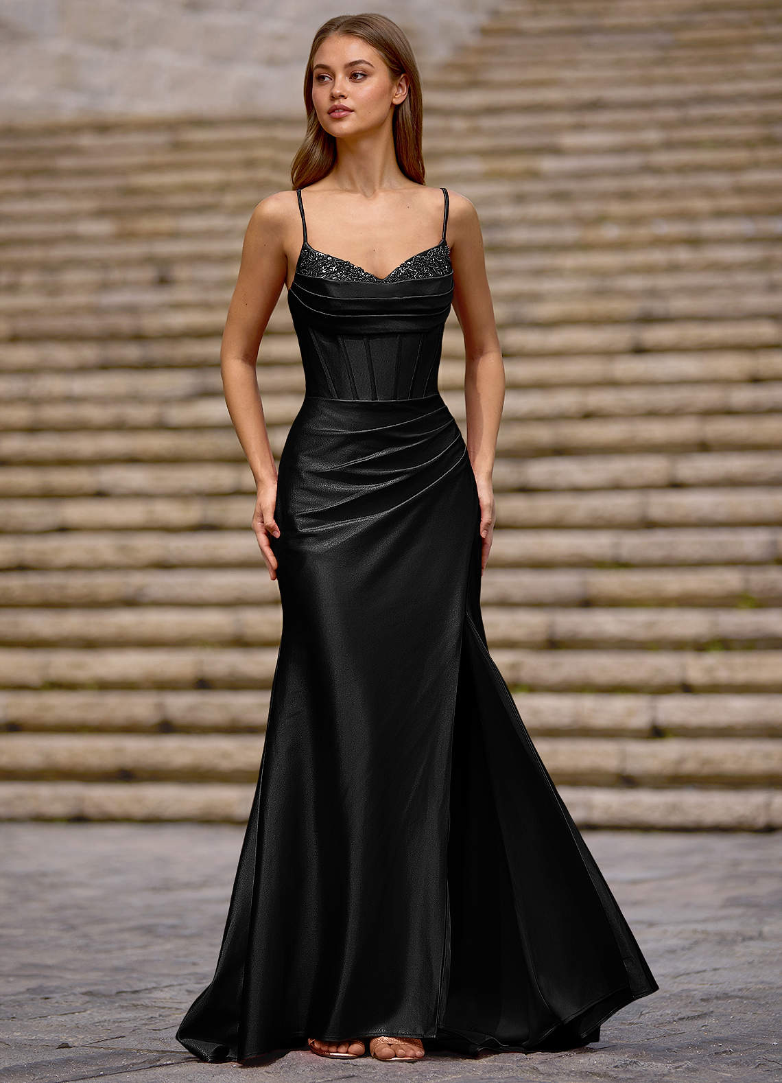green emerald velvet dress Side-Sash Long Satin Formal Dress main image 0