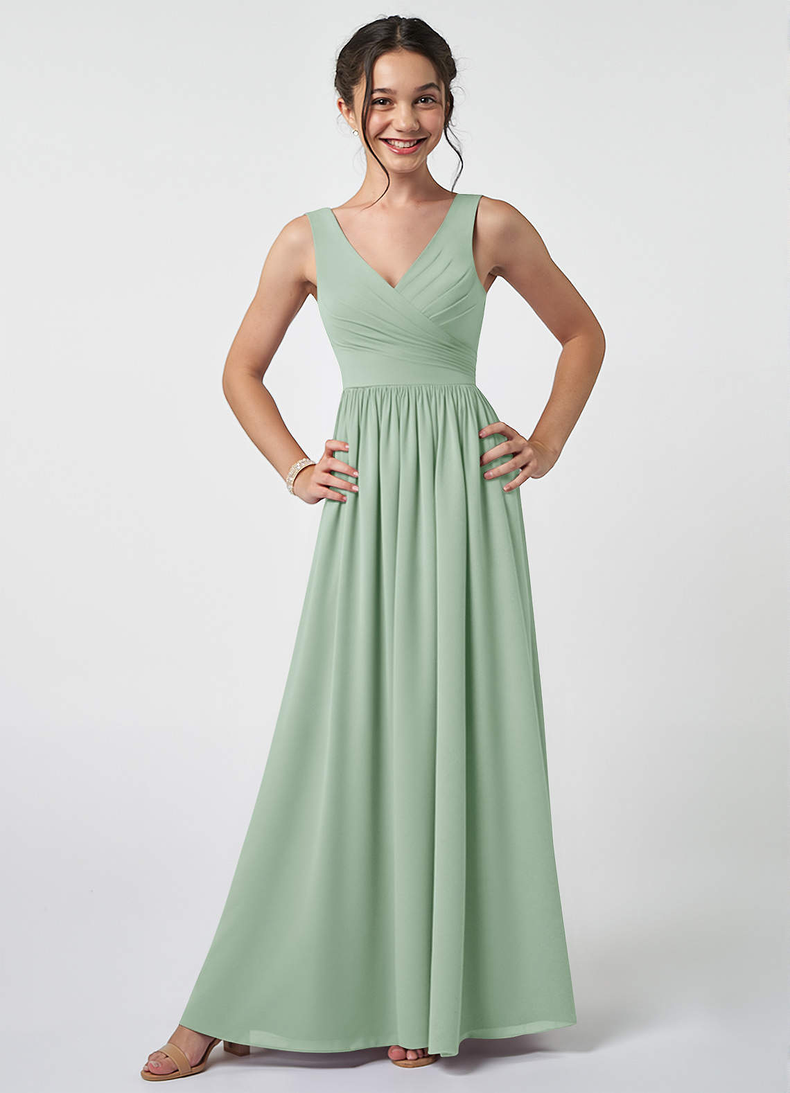 Azazie Keyla Junior Agave A-Line Pleated Chiffon Dress image1