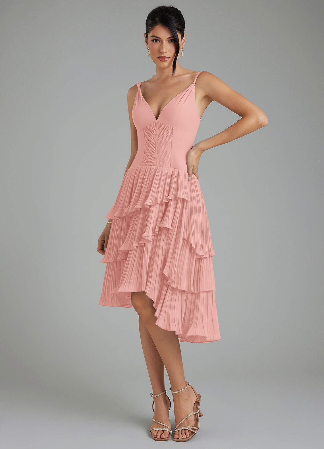 azazie rosette bridesmaid dresses Azazie A-Line V-Neck Asymmetrical Chiffon Bridesmaid Dresses