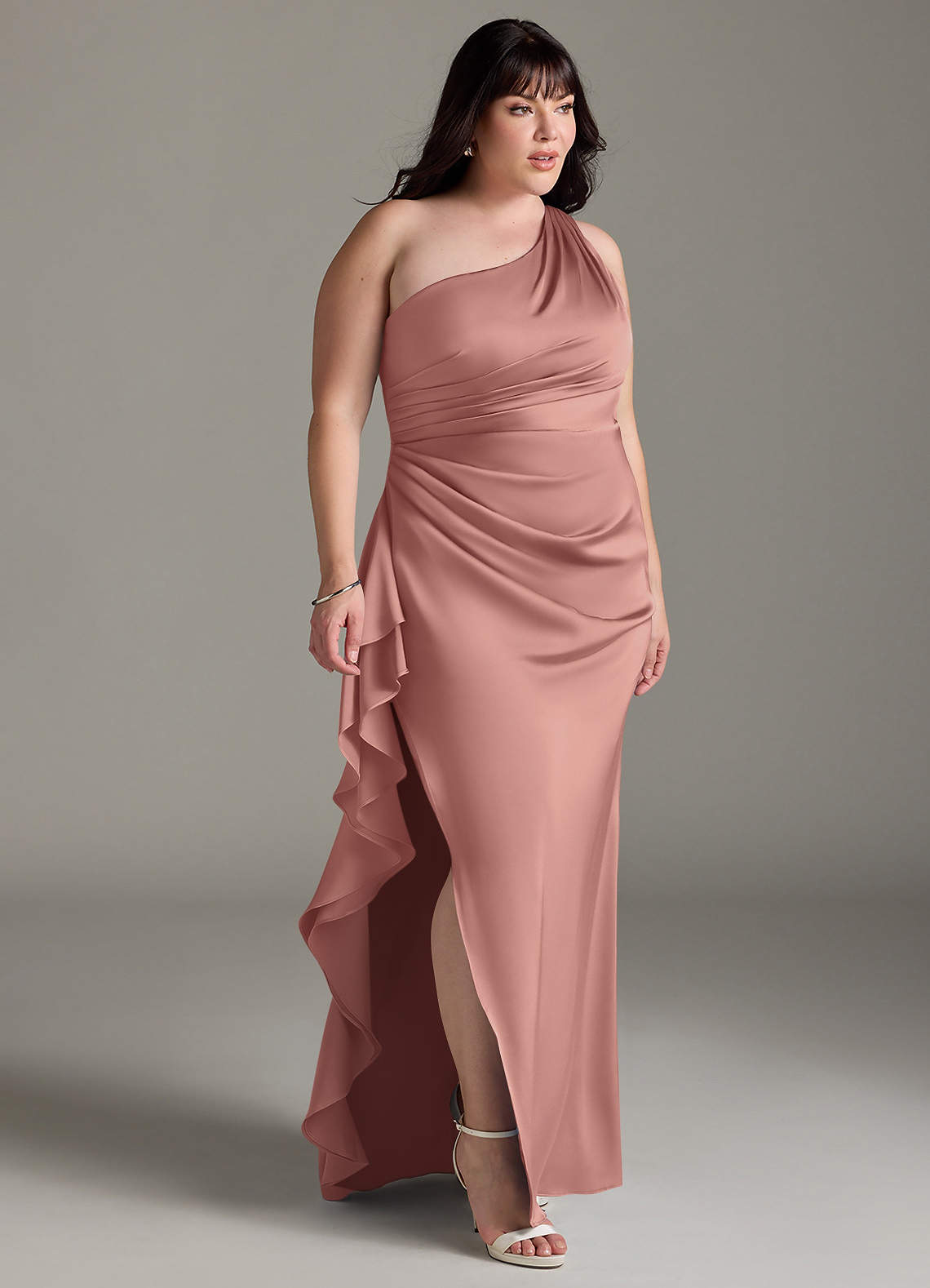 Azazie Latrice Bridesmaid Dresses Rosette Sheath One Shoulder Cascading Ruffles Stretch Satin Dress image10