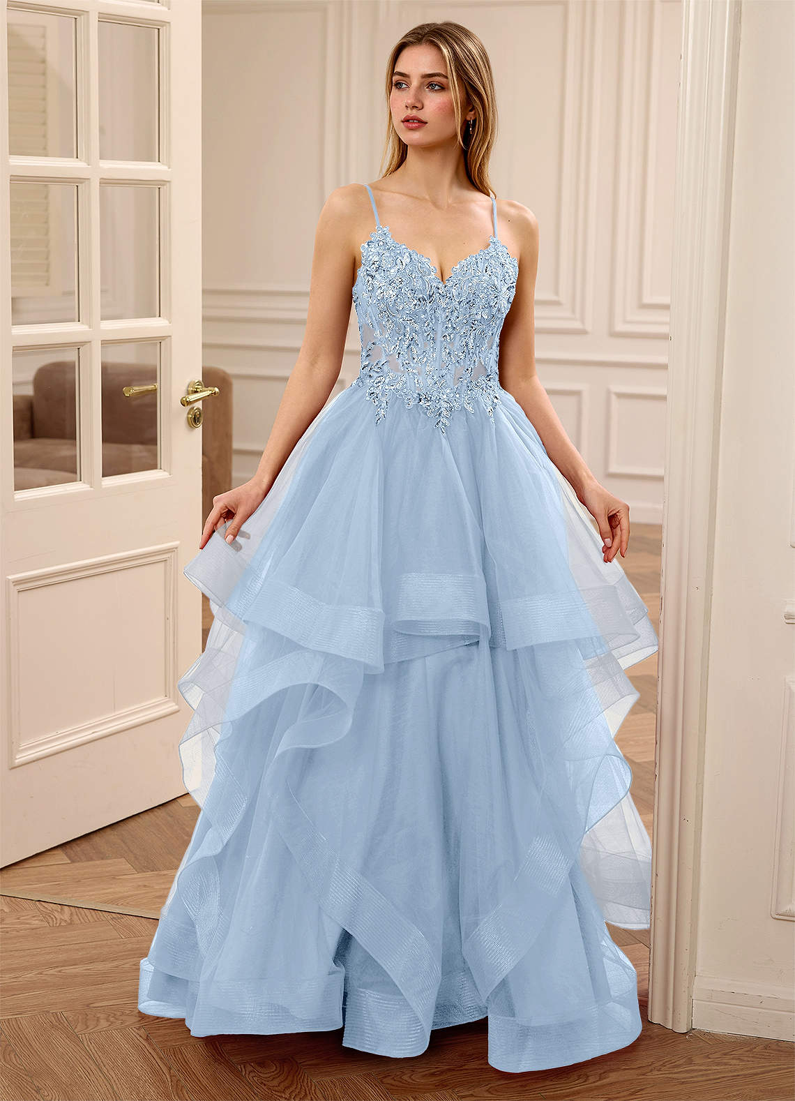 Zinnia Sky Blue A-line Floral V-neck Tulle Tier Prom Dress | Azazie CA