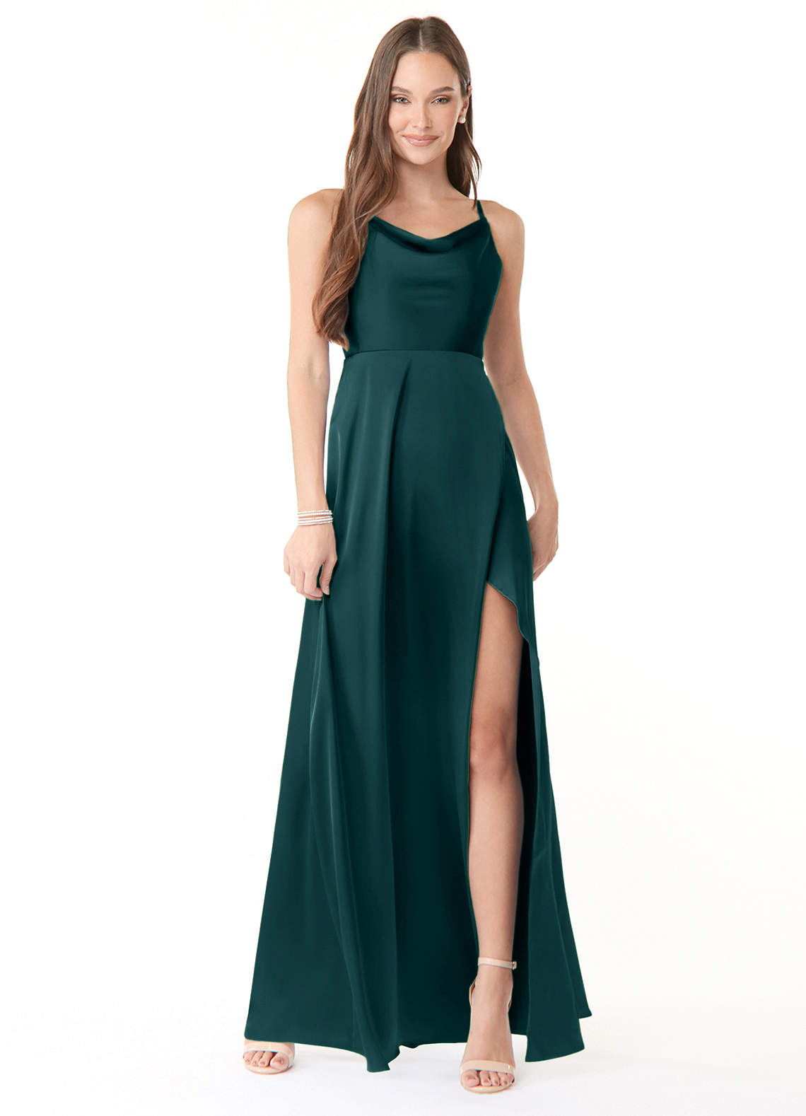 Azazie Naomie Bridesmaid Dresses Pine A-Line Cowl Neckline Side Slit Stretch Satin Dress image1