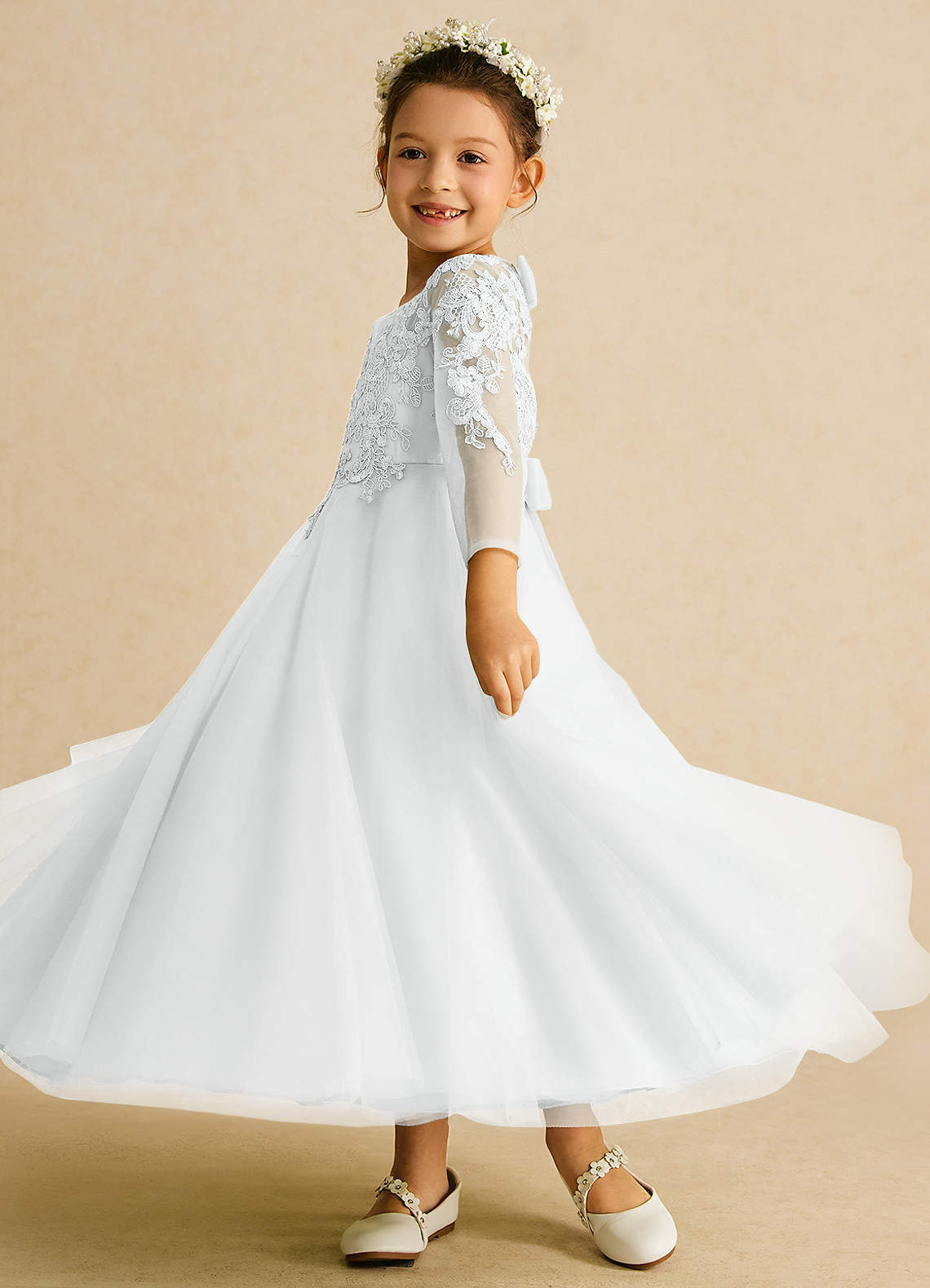 Azazie Precious Flower Girl Dresses Diamond White A-Line Lace Tulle Dress image4