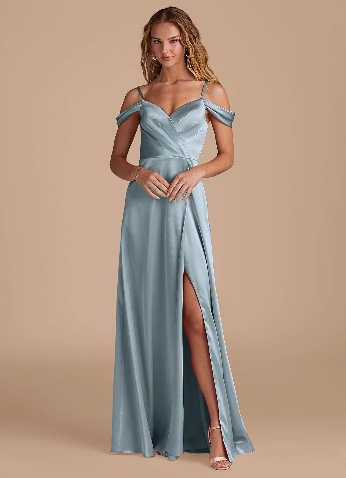 Azazie Ocean Bridesmaid Dresses Dusty Blue A-Line Off the Shoulder Metallic Satin Dress image1