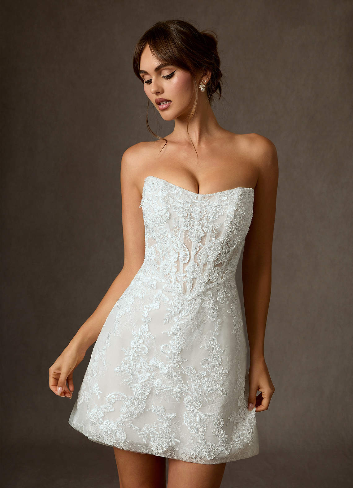 Azazie Winter Wedding Dresses Diamond White A-Line Strapless Lace Dress image7