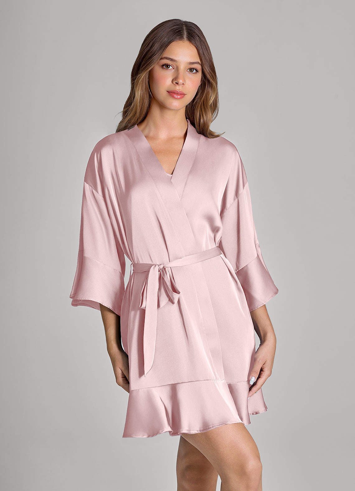 front Matching Color Ruffled Satin Robe