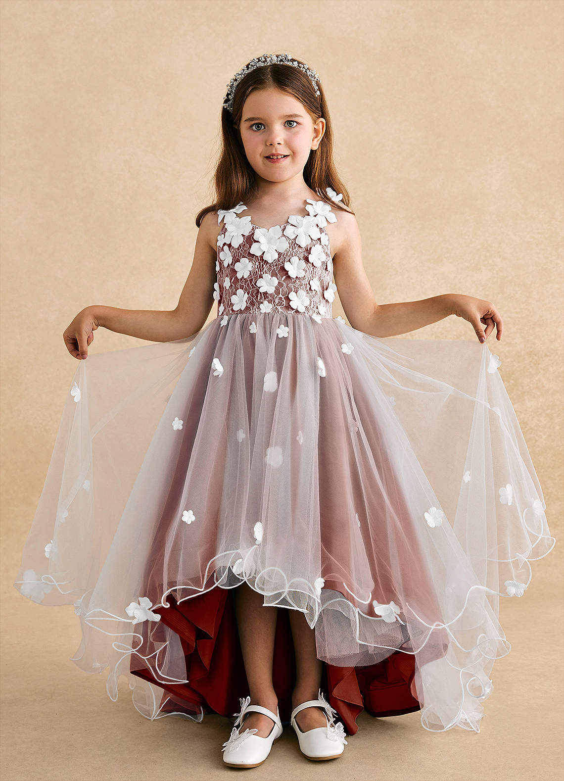 Azazie Celia Kukkatyttöjen mekot A-linja Pitsi Tylli Epäsymmetrinen Pukeutua image3