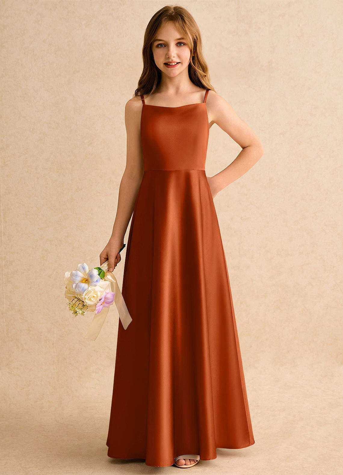 Azazie Joella Girls Formal Flower Girl Dresses Burnt Orange A-Line Pleated Stretch Satin Dress image2