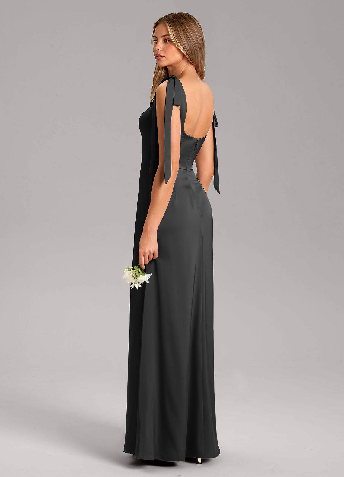 Azazie Frostine Bridesmaid Dresses Black A-Line Bow Stretch Satin Dress image5
