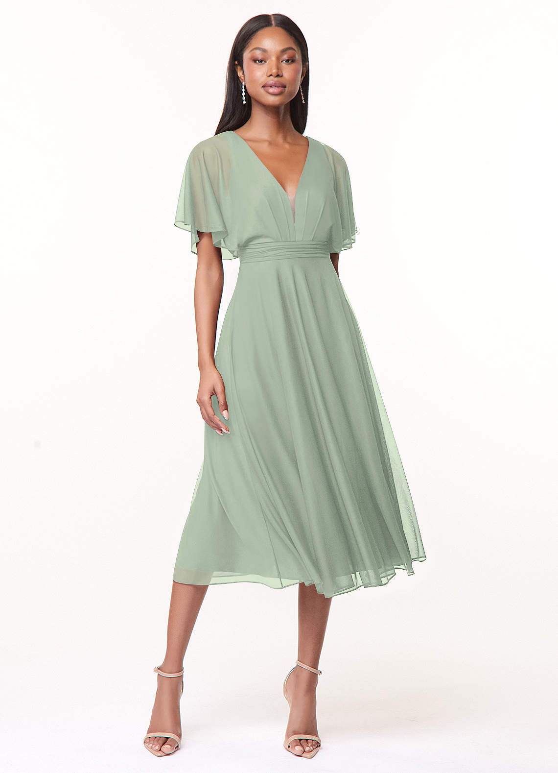 slim fit dress slacks Madison Sage Green Tulle Bridesmaid Midi Dress – Lace & Beads main image 0