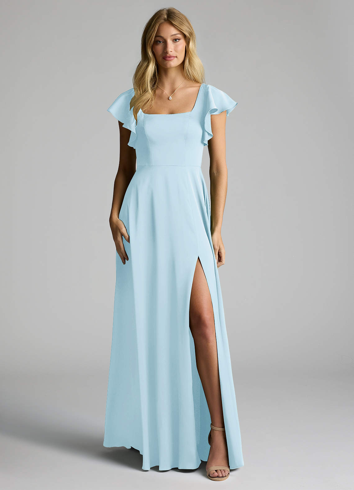 Azazie Bondi Vestidos de madrinha de casamento Vestido Céu Azul de Cetim elástico de Linha A com Arco image4
