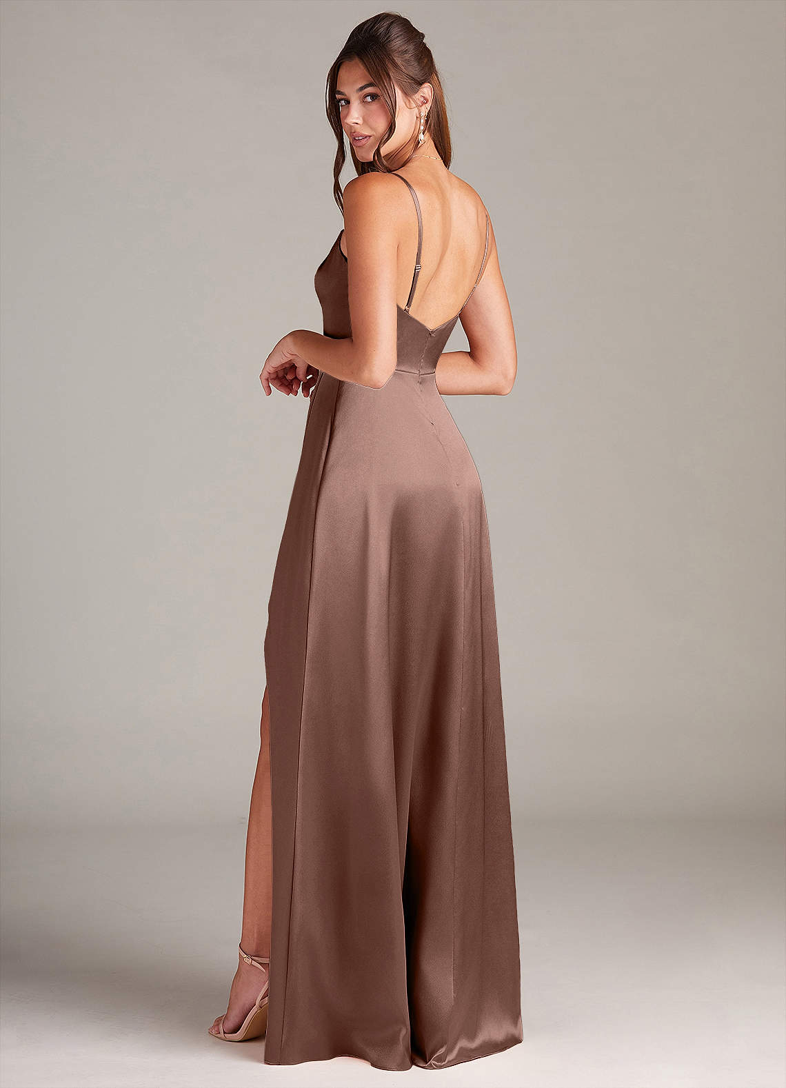 Azazie Sarella Kleider zum Anprobieren zu Hause A-Linie mit Taschen Metallischer Satin Kleid Roségold image3
