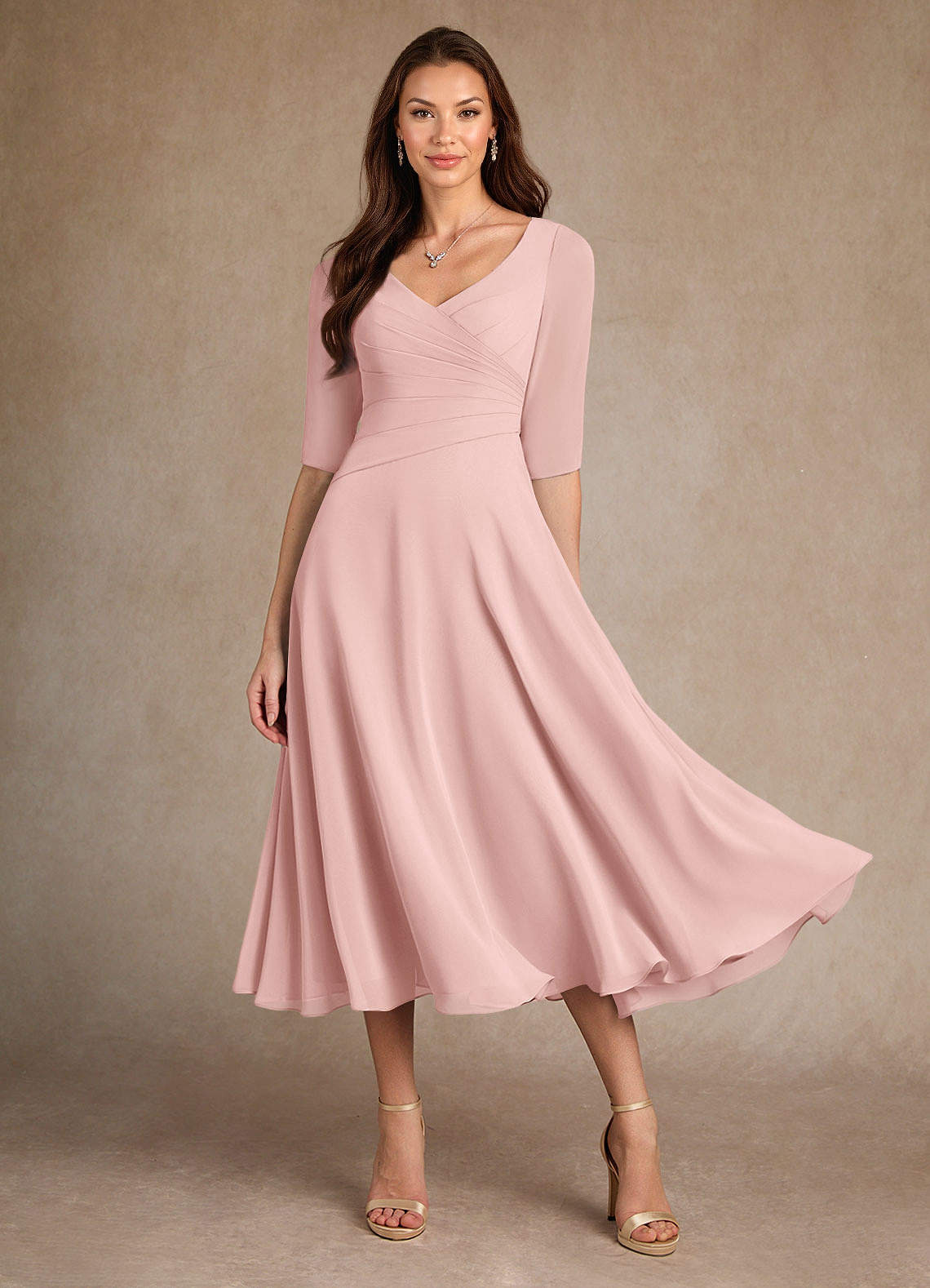 mother of the bride dresses pink tea length Tea-Length Lace Blush Pink Mother Of Bride And Groom Dress Evening Dress Us4
