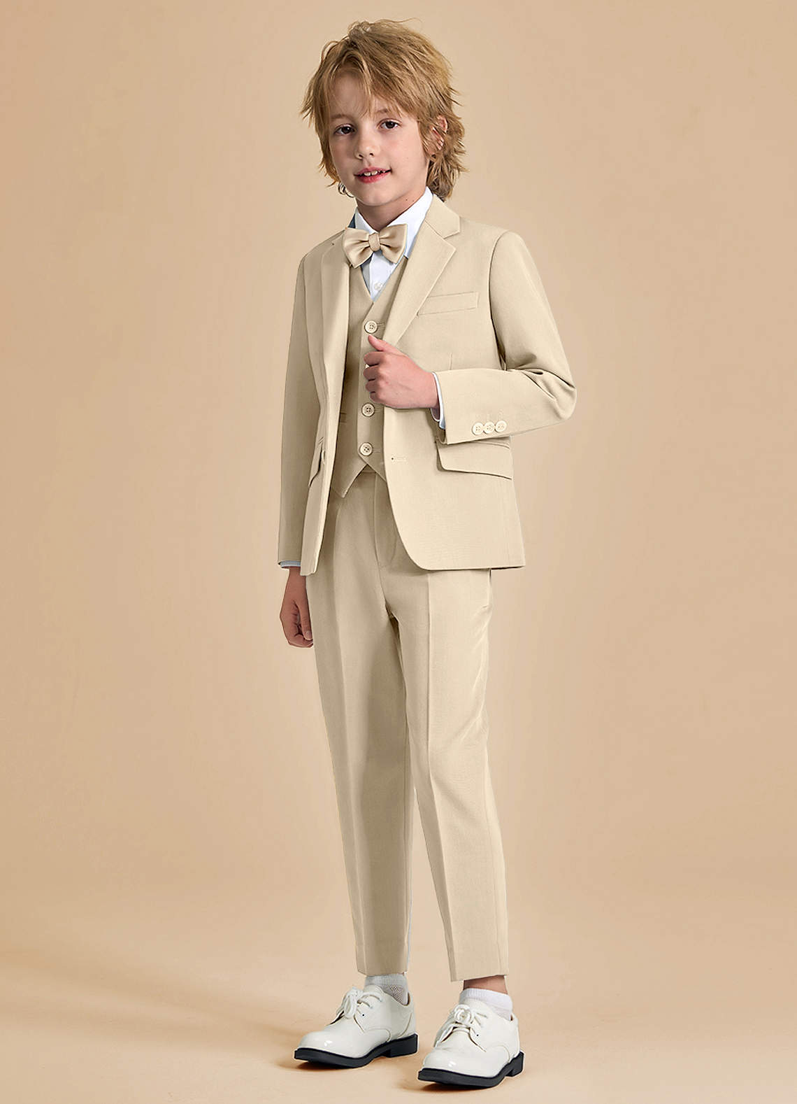 front Oliver Boys Tan 5-Piece Suit With Bow Tie