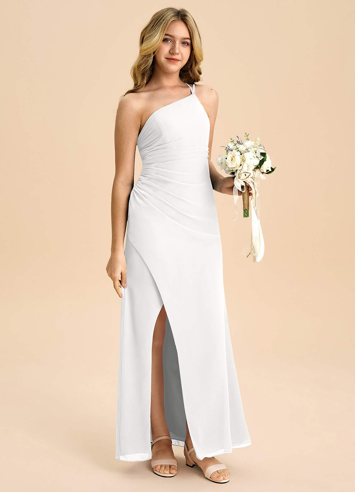white chiffon junior bridesmaid dresses Azazie Eren Maxi dress