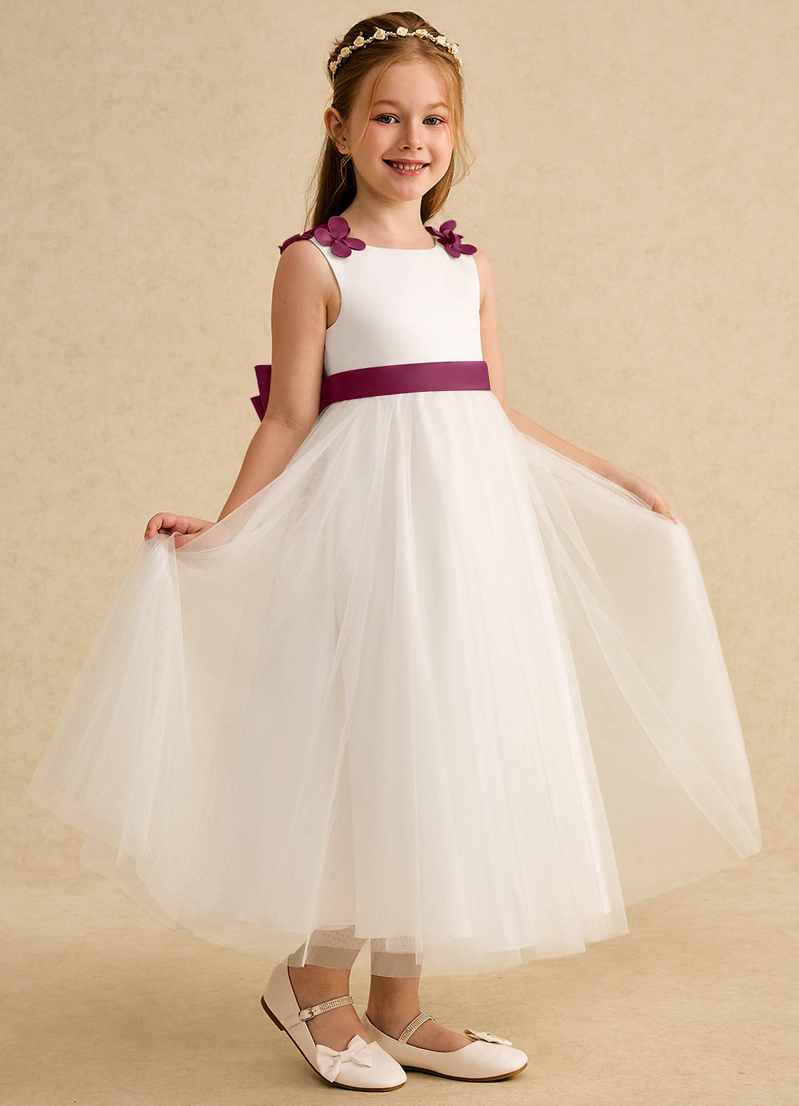 Azazie Lilli Flower Girl Dresses Ivory Mulberry A-Line Bow Tulle Dress image1