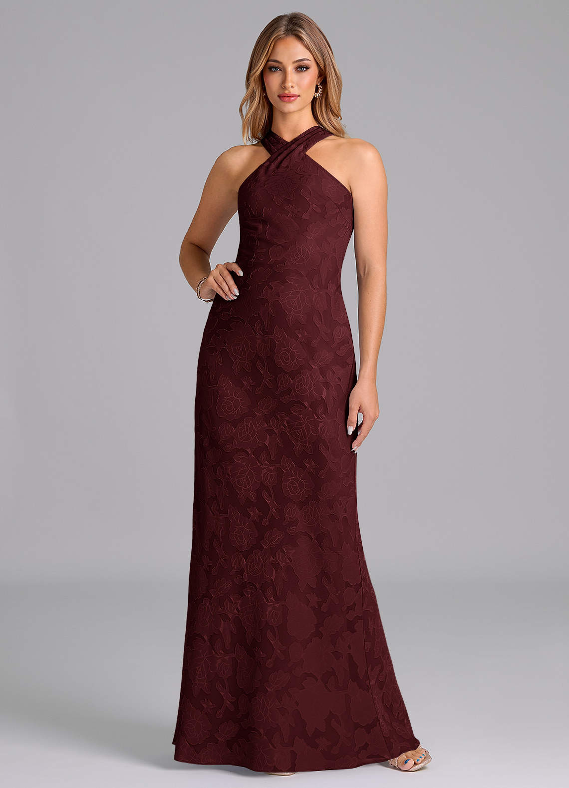 Azazie Doretta Bridesmaid Dresses Cabernet Mermaid Pleated Floral Burnout Dress image1