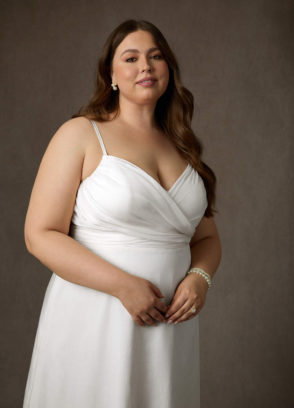 Azazie Kali At-home Try On Dresses Diamond White A-Line V-Neck Pleated Crinkle Chiffon Dress image12