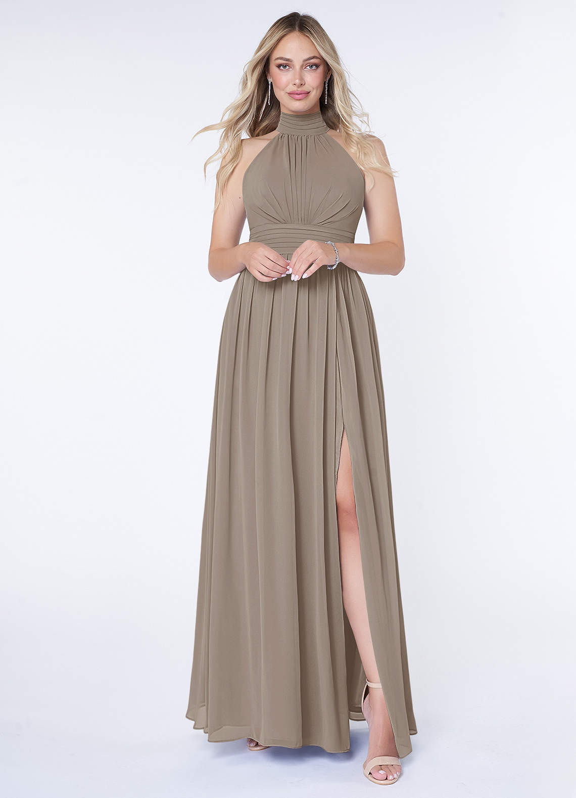 Azazie Iman Robes de demoiselle d'honneur Robe Trapèze en Mousseline de soie Ligne A froncée Taupe image1