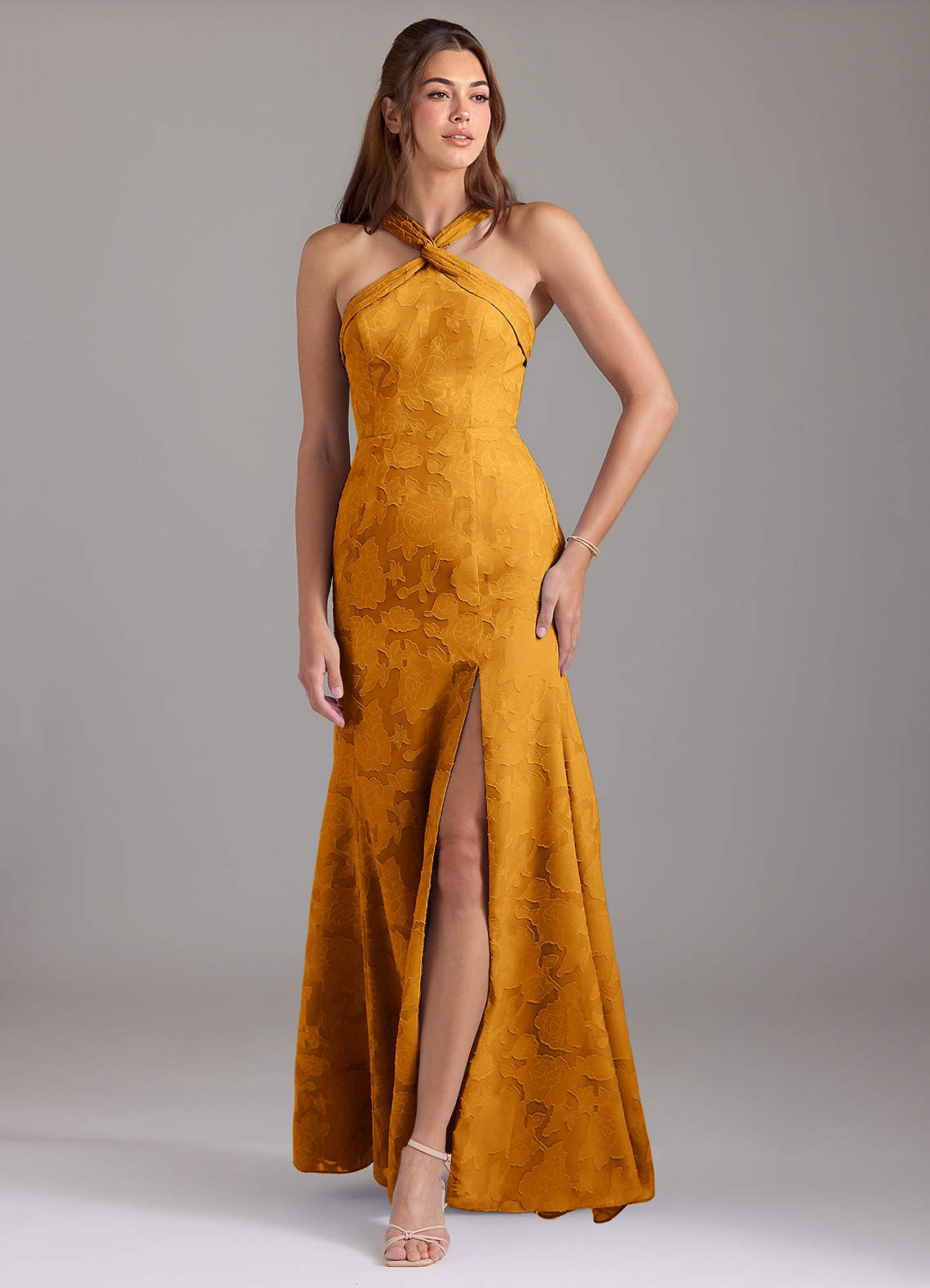 gold floral bridesmaid dresses Elegant Spaghetti Strap Gold Satin Bridesmaid Dress – FancyVestido main image 1