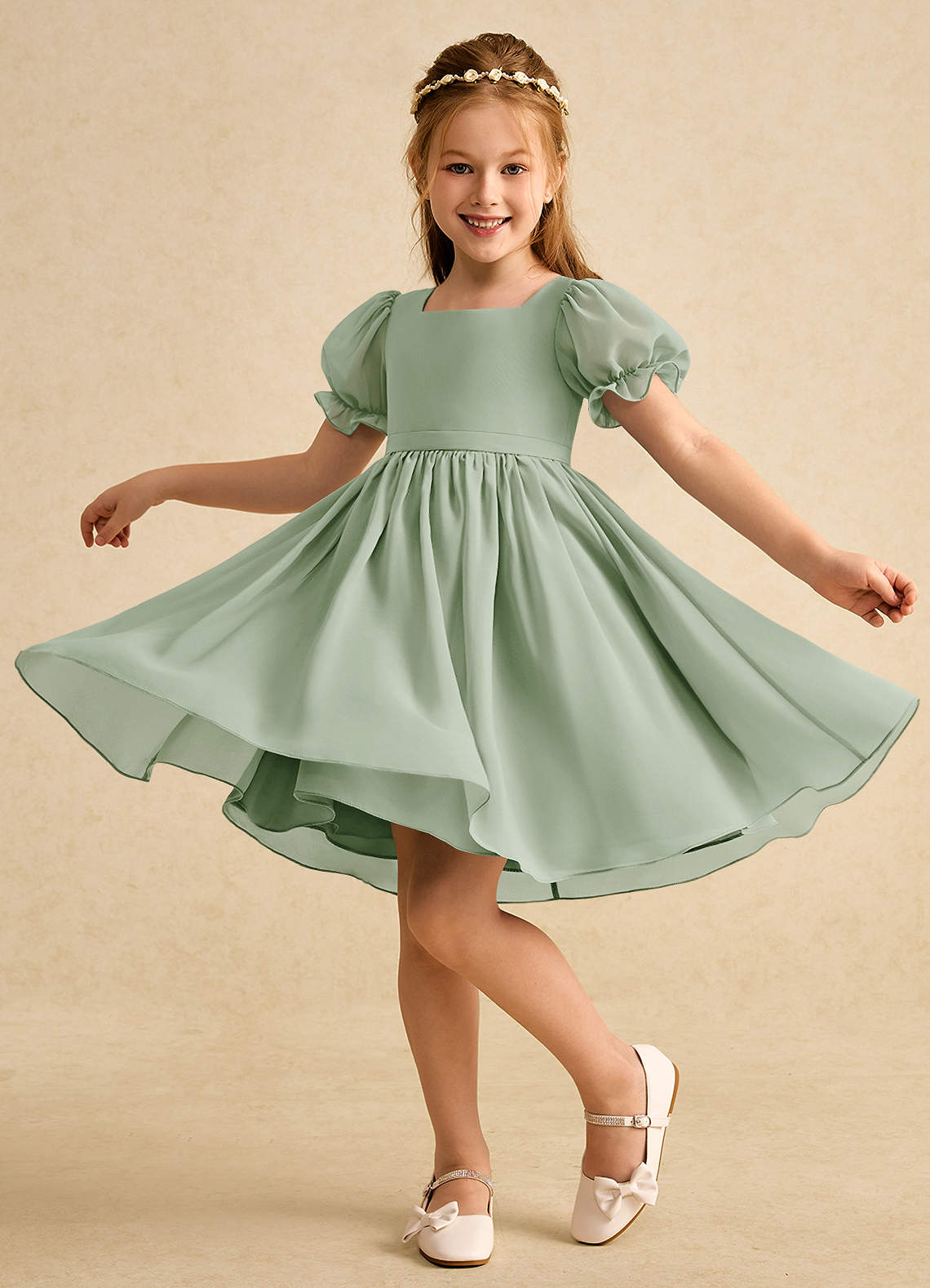 Azazie Jolie Flower Girl Dresses Dusty Sage A-Line with Sleeves Chiffon Dress image2