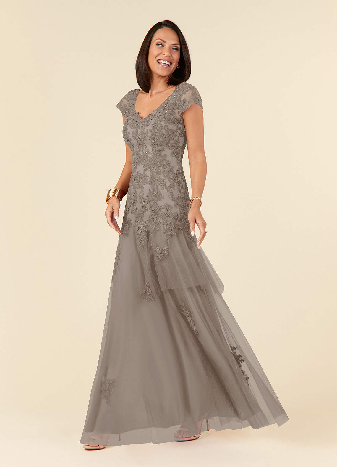 Azazie Romy Taupe Mermaid V-Neck Sequins Tulle Dress Ready to Ship