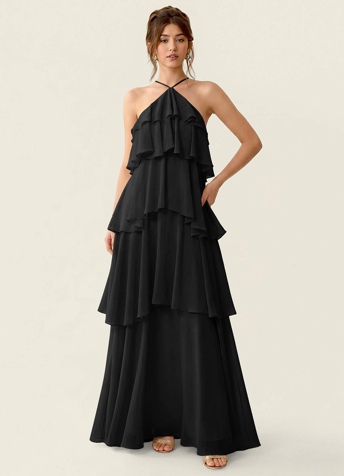 tiered ruffle chiffon dress Nevieve Black Halter Ruffled Maxi Hand BeadedSheer Bridal Vintage LIGHT-BLUE a stunning choice for Color:Sienna (PREORDER) chiffon bridesmaid dresses