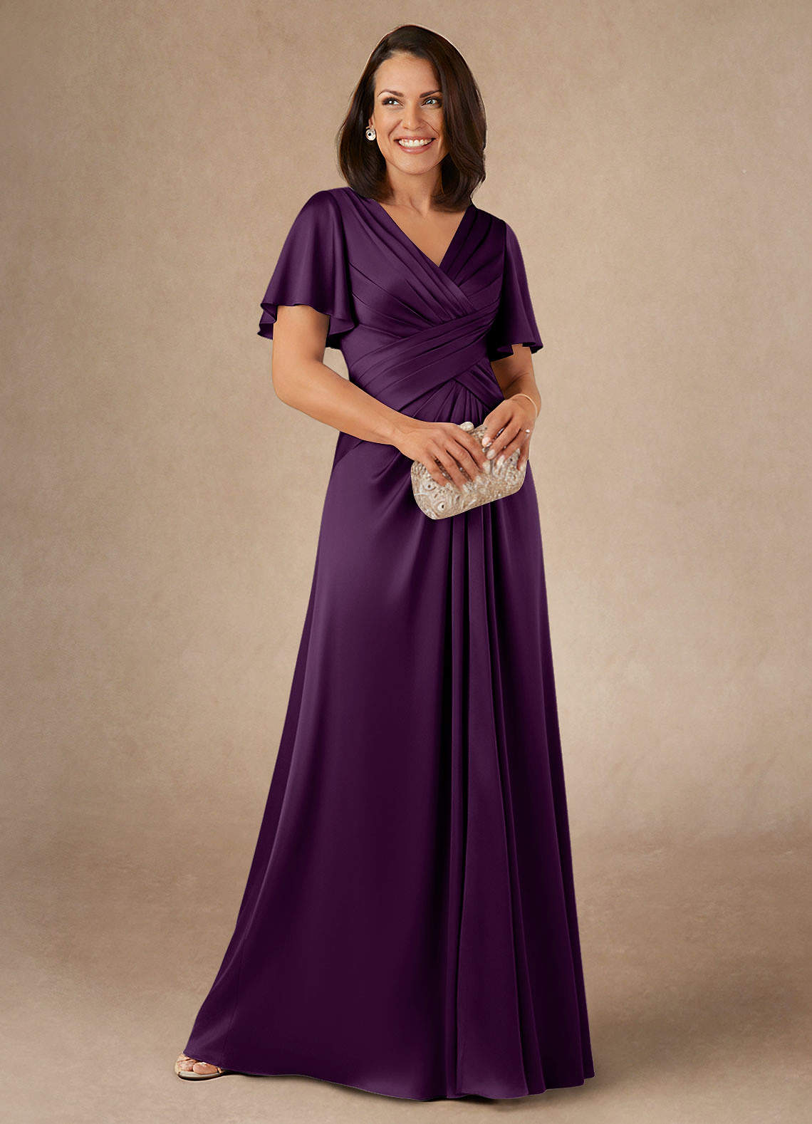Azazie Emmeline Mother of the Bride Dresses Grape A-Line Pleated Stretch Satin Dress image1