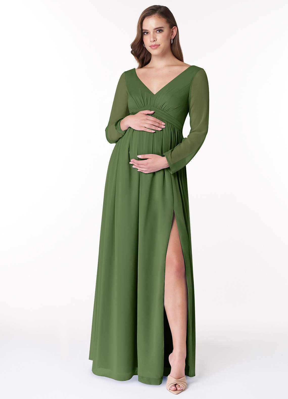Azazie Teton Maternity Bridesmaid Dresses A-Line Long Sleeve Chiffon Floor-Length Dress image1
