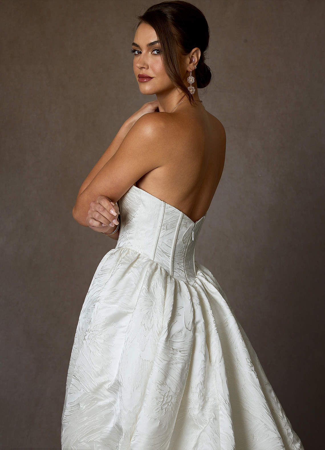 Azazie Demetria Wedding Dresses Diamond White Ball-Gown Strapless Floral Jacquard Dress image5