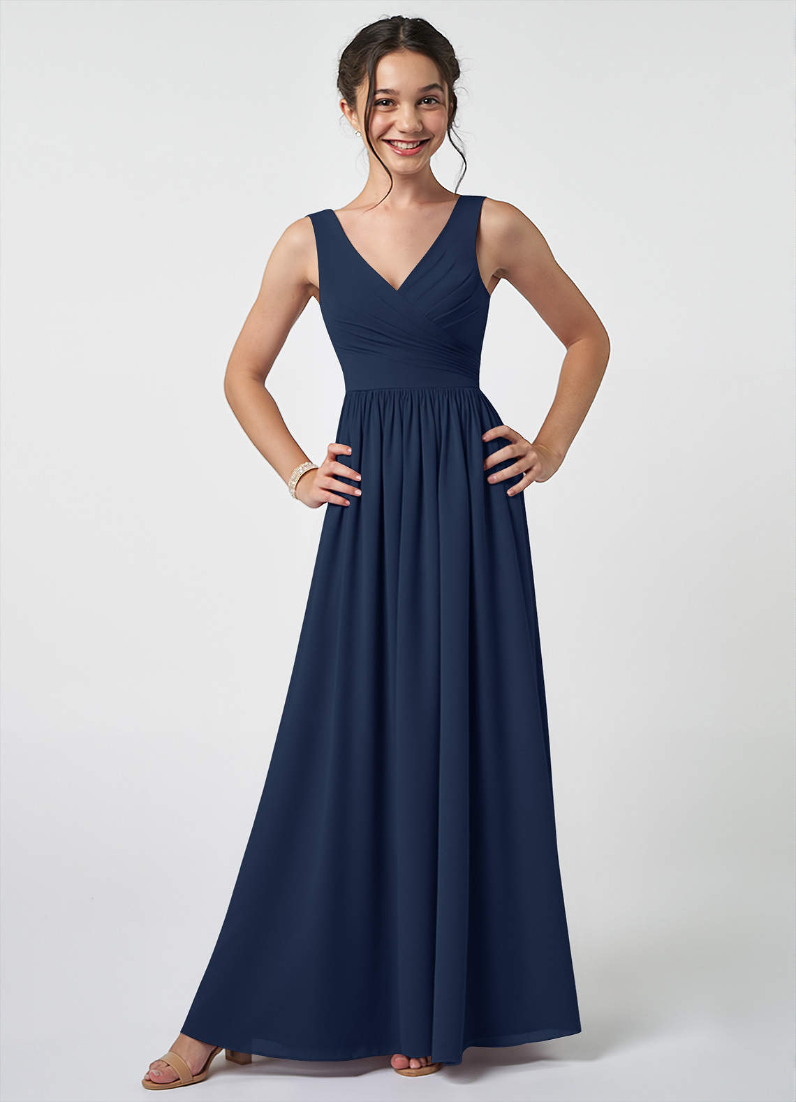 Azazie Keyla Junior Dark Navy A-Line Pleated Chiffon Dress image1