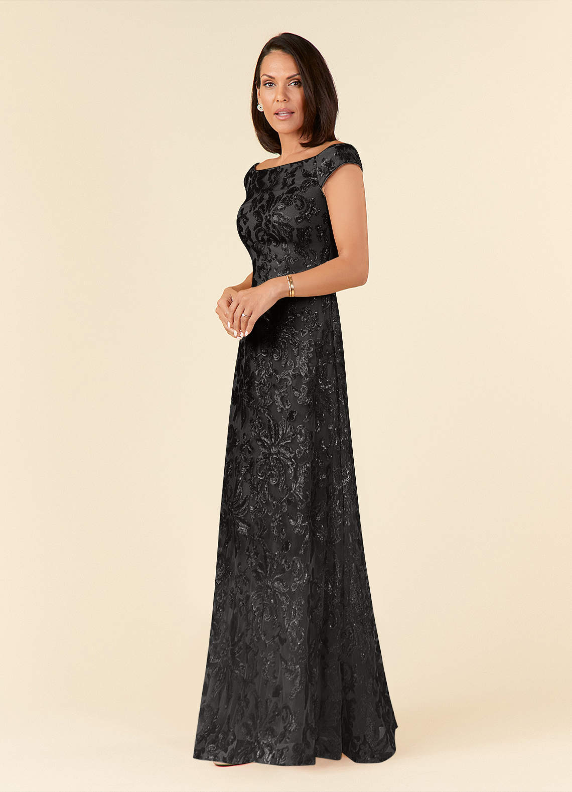 Azazie Porcelain Mother of the Bride Dresses Black A-Line Off the Shoulder Lace Dress image1