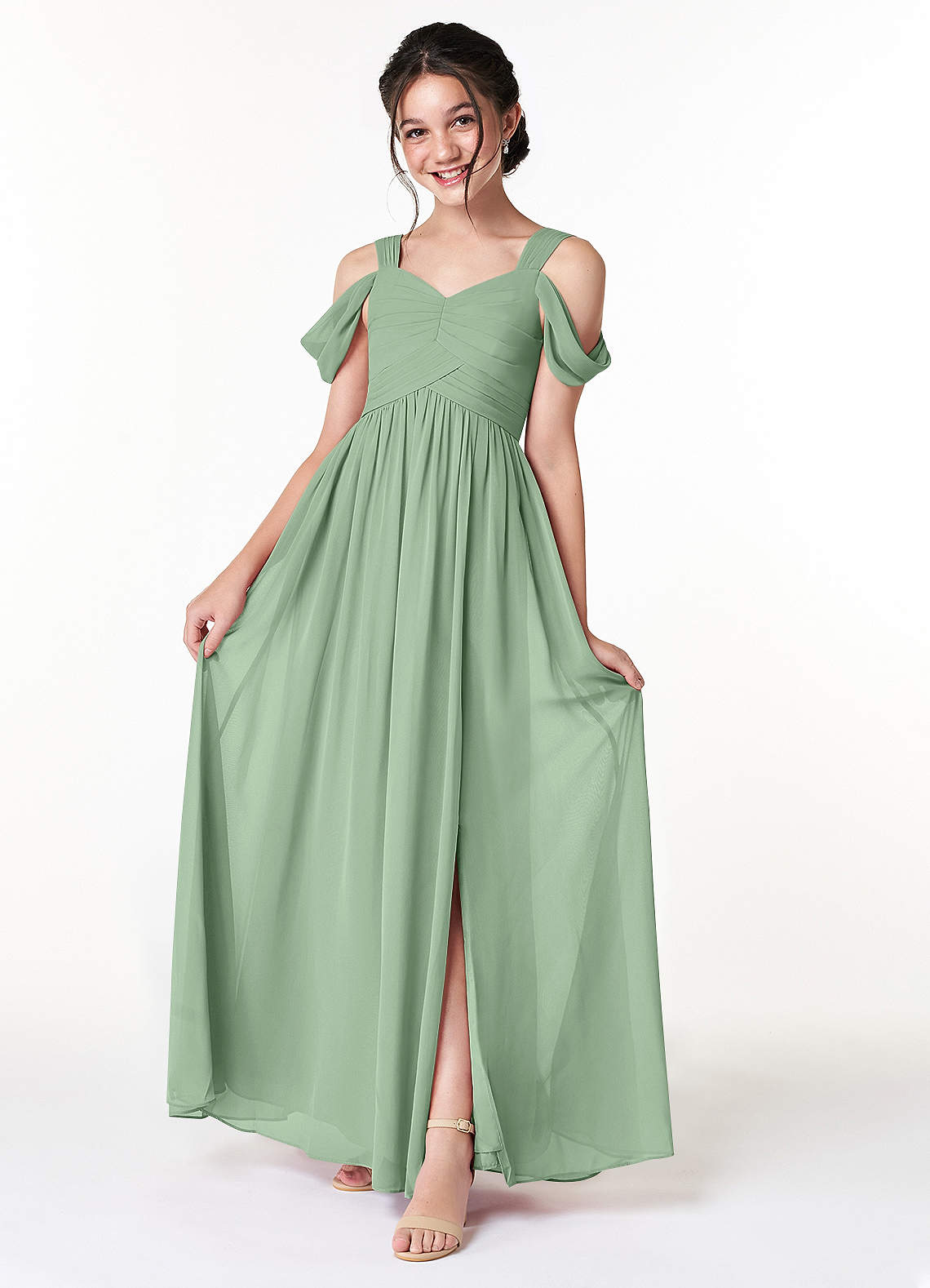 Azazie Lianne Junior Vestido de Matcha de Gasa de Corte En A con Vestidos sin tirantes image1